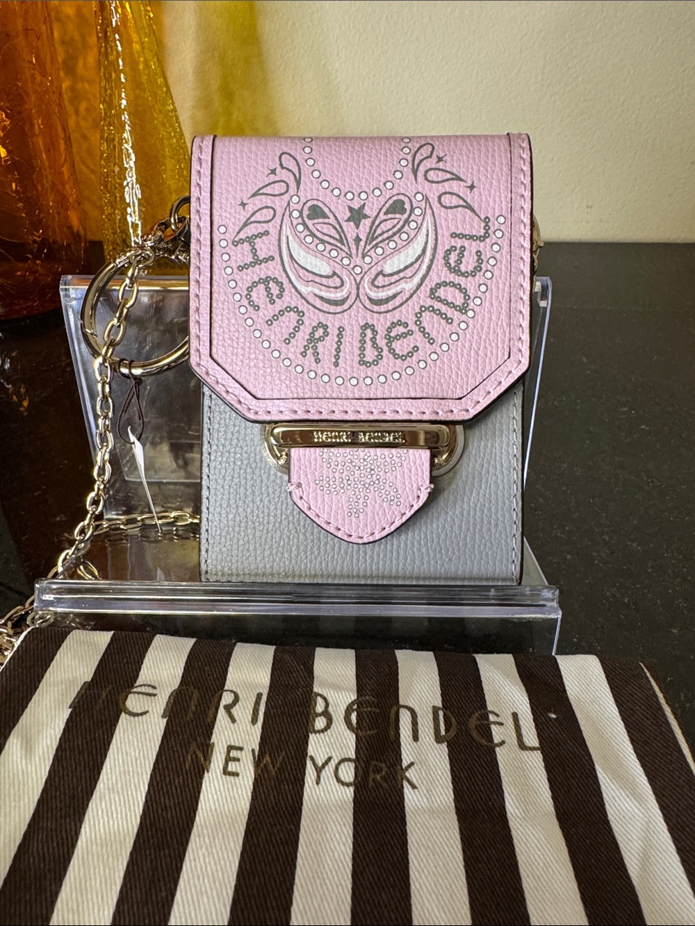 henri bendel Pink and Gray Mini Crossbody Card Case with Chain